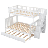 Wooden Twin Over Full Bunk Bed with Stairs and Trundle, Storage Shelves