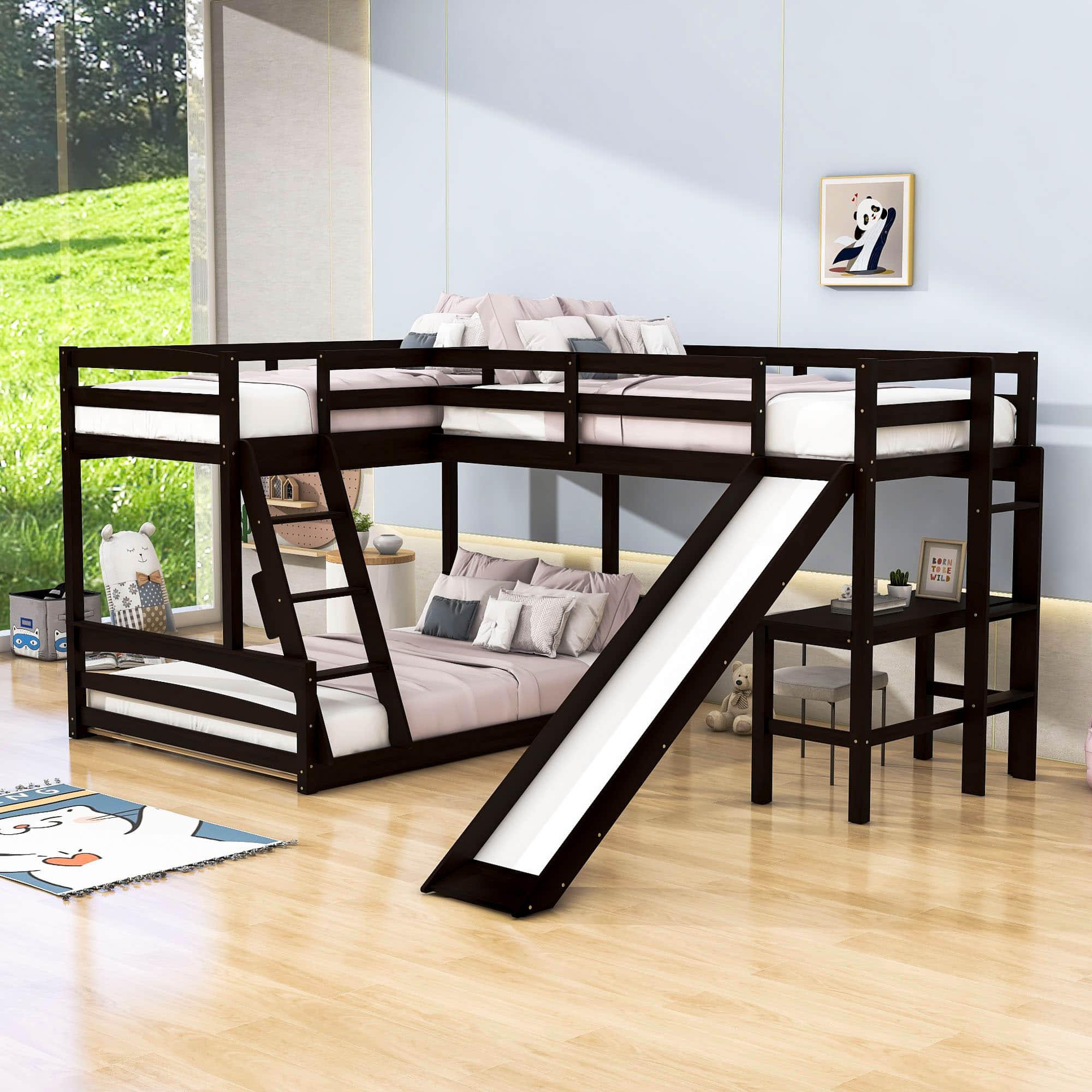 Wood Twin Over Full L-Shaped Low Bunk Bed with Twin Loft Bed with Desk and Slide