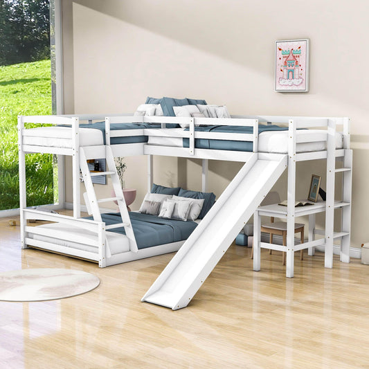 Wood Twin Over Full L-Shaped Low Bunk Bed with Twin Loft Bed with Desk and Slide