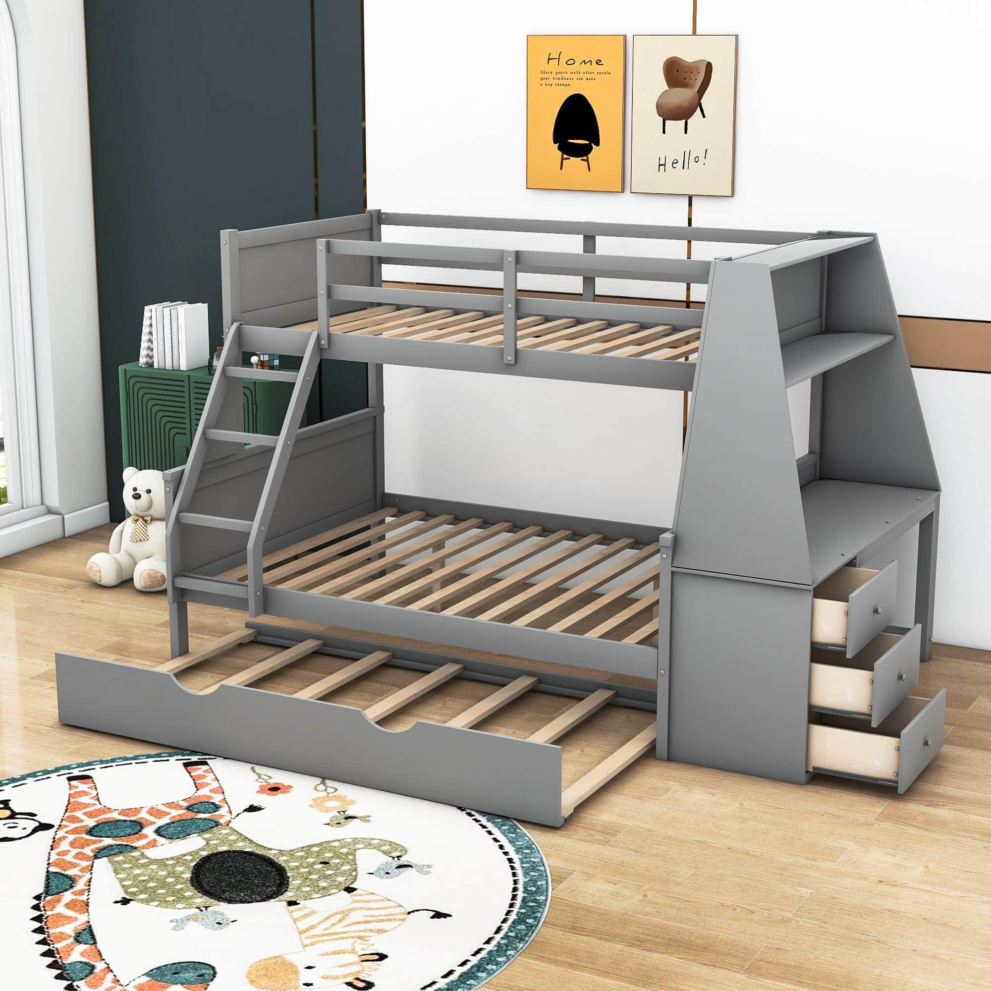 Wood Twin over Full Bunk Bed with Desk and Trundle - [Storage Drawers, Shelf]