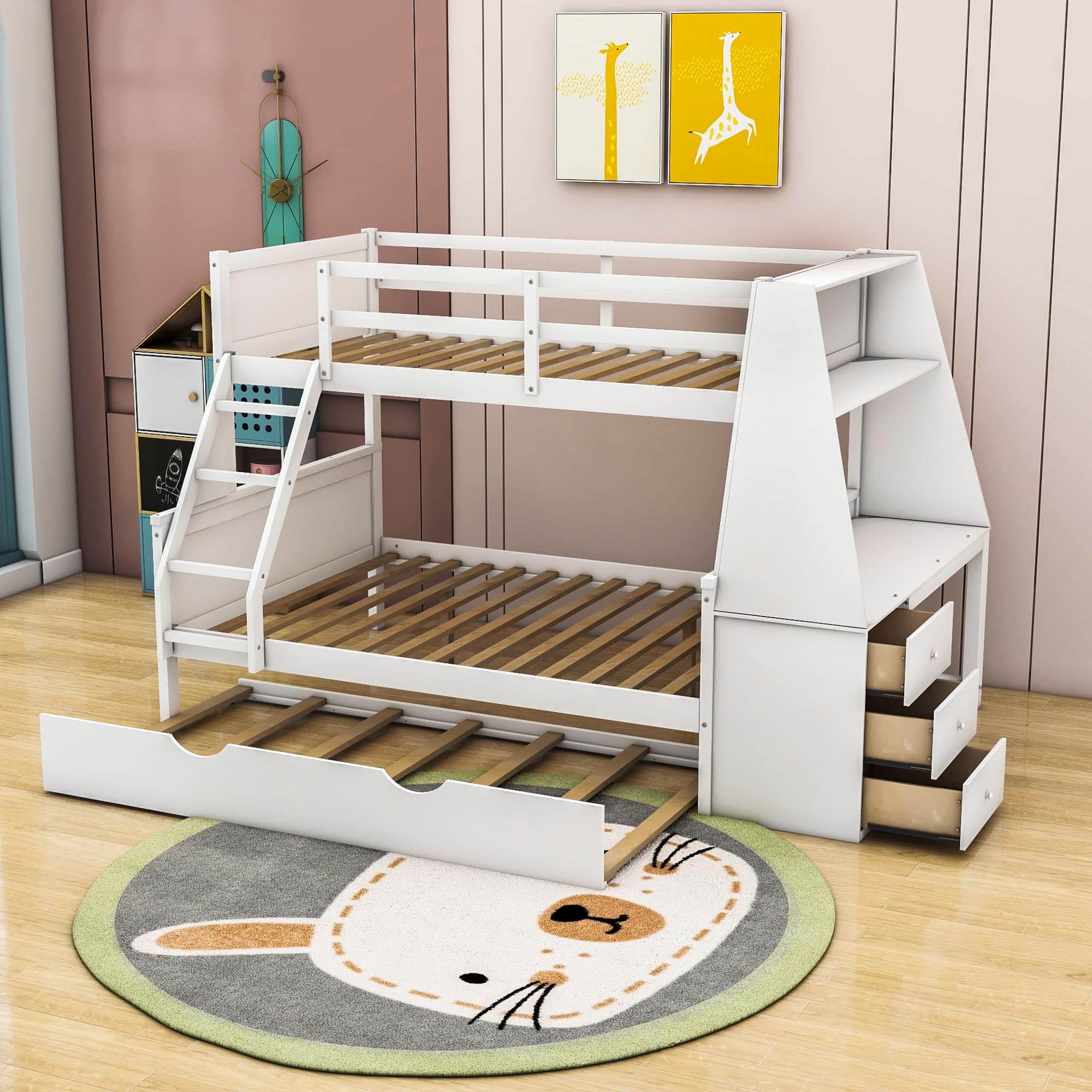 Wood Twin over Full Bunk Bed with Desk and Trundle - [Storage Drawers, Shelf]