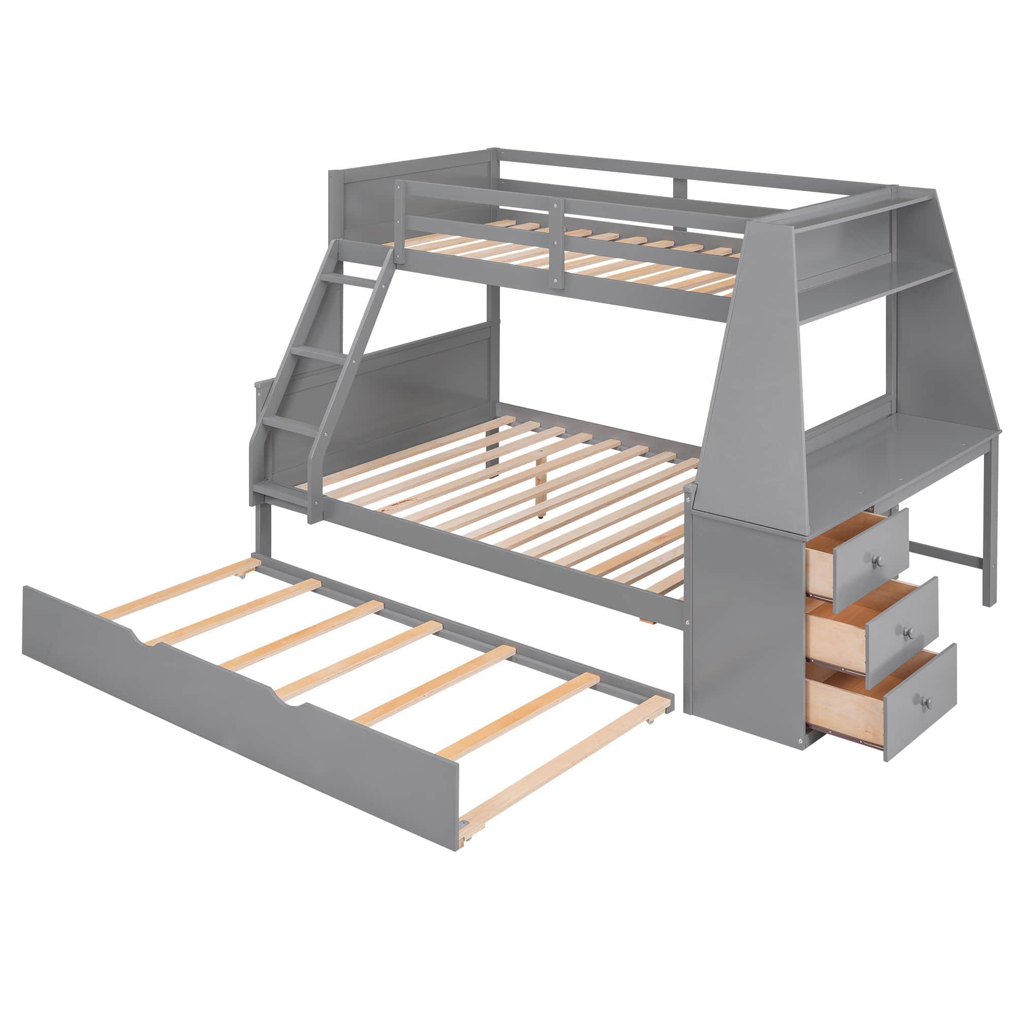 Wood Twin over Full Bunk Bed with Desk and Trundle - [Storage Drawers, Shelf]