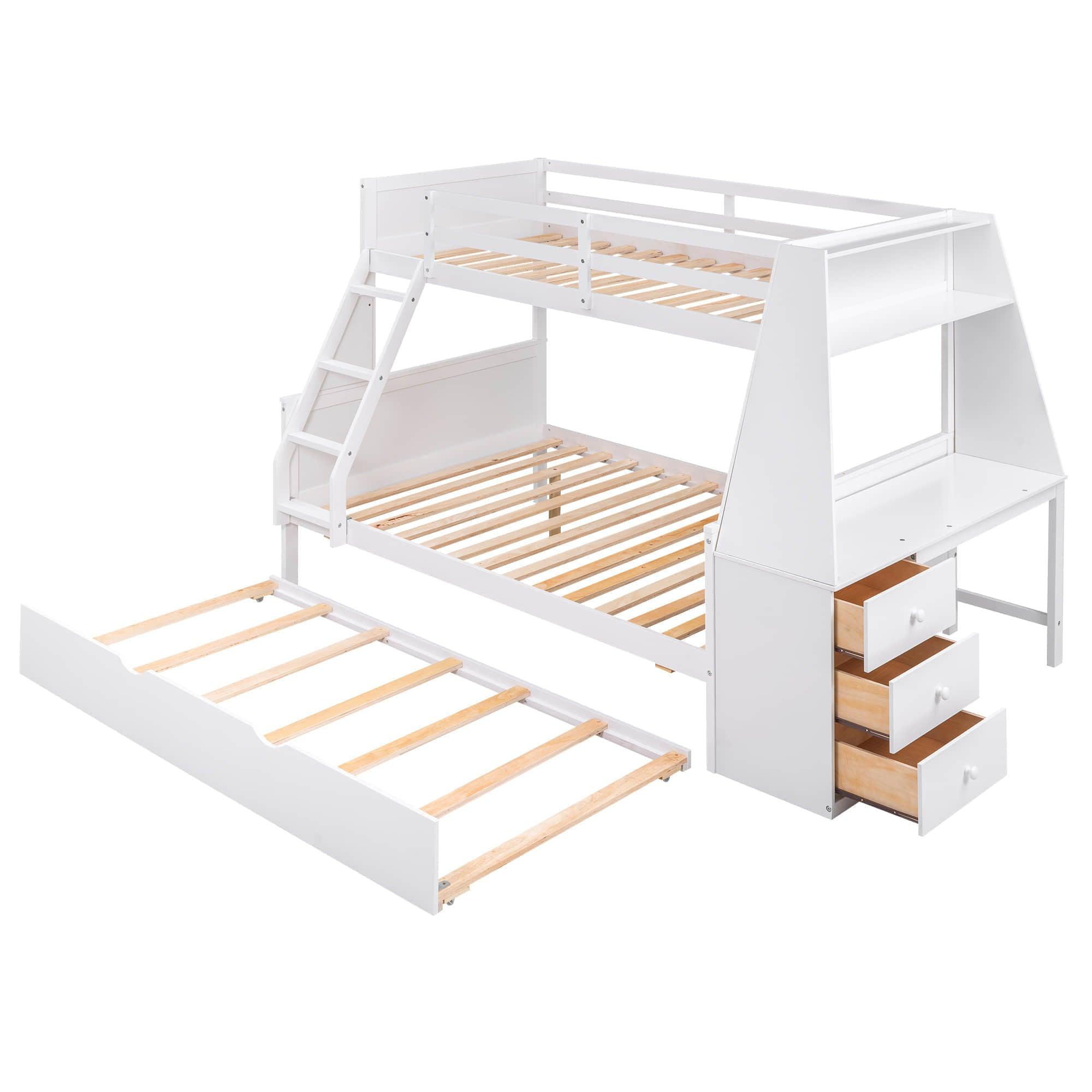 Wood Twin over Full Bunk Bed with Desk and Trundle - [Storage Drawers, Shelf]