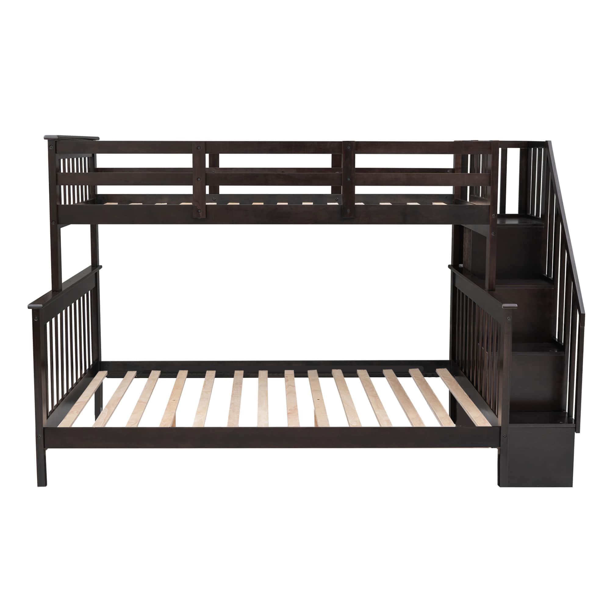 Wood Twin Over Full Bunk Bed with Storage and Stairs - [Shelves, Classic]