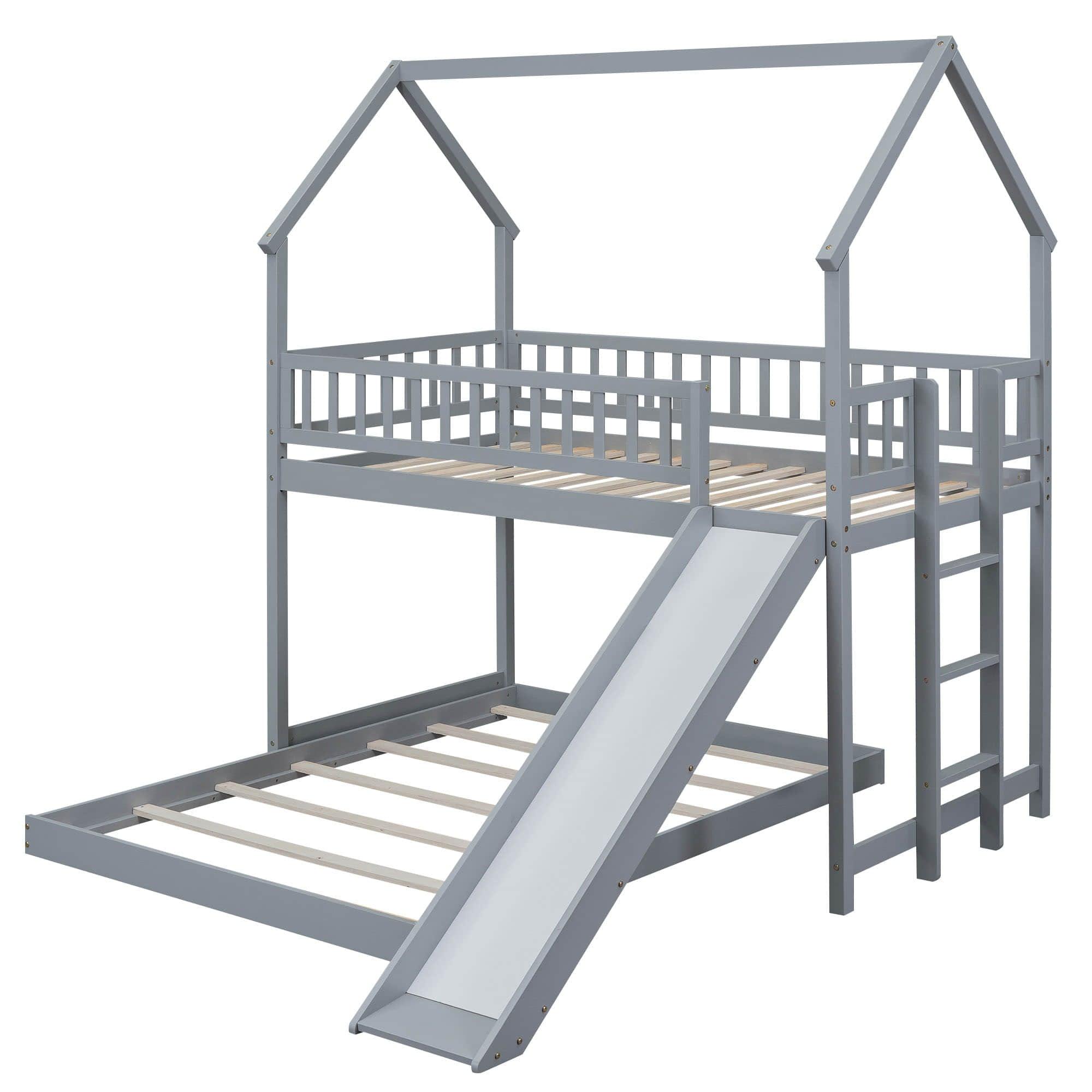 Modern Low Twin Over Full House Bunk Beds with Slide for Kids - [Wooden, Floor, L-Shaped]