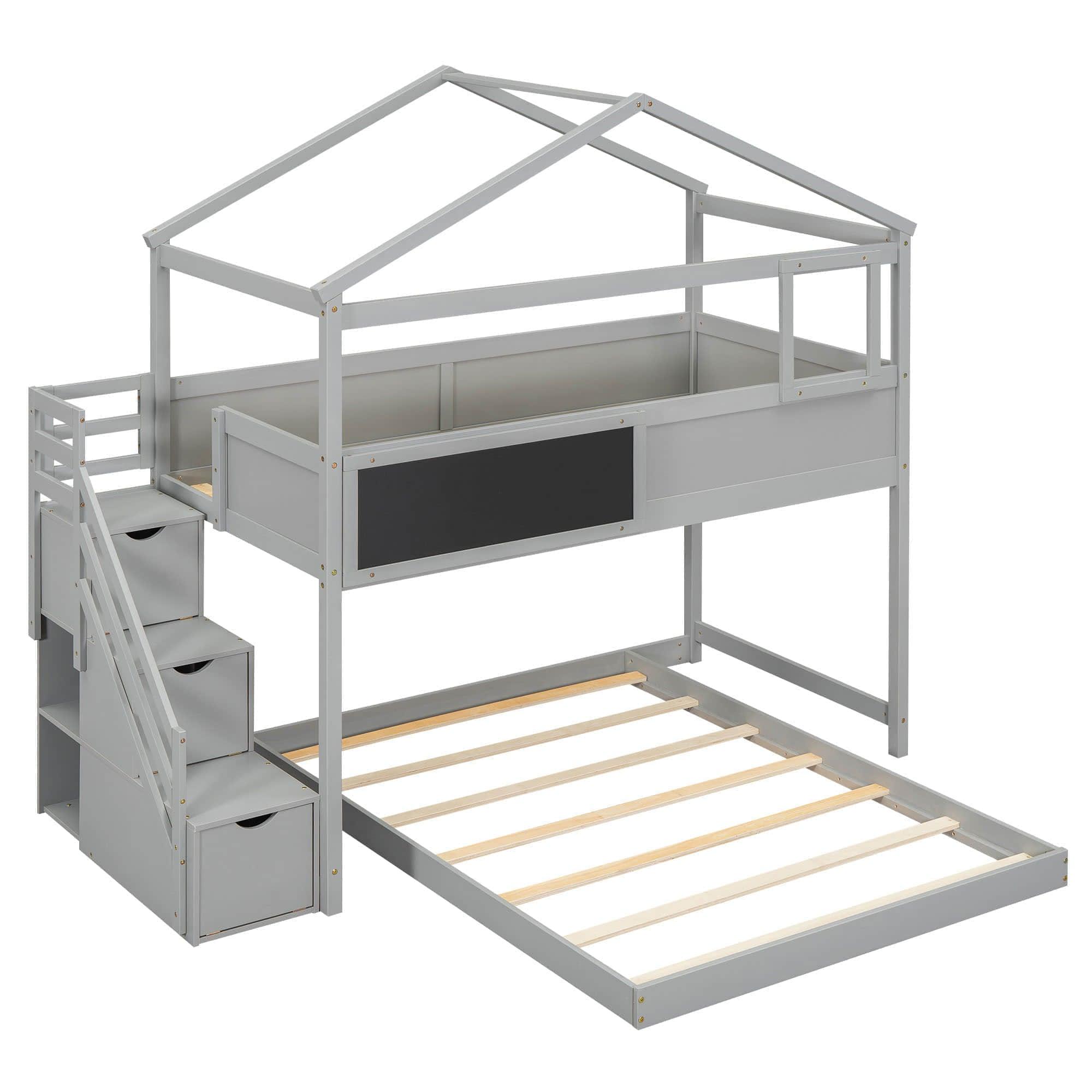 Low Twin Over Full House L-Shaped Bunk Beds for Toddler, Kids - [Floor]