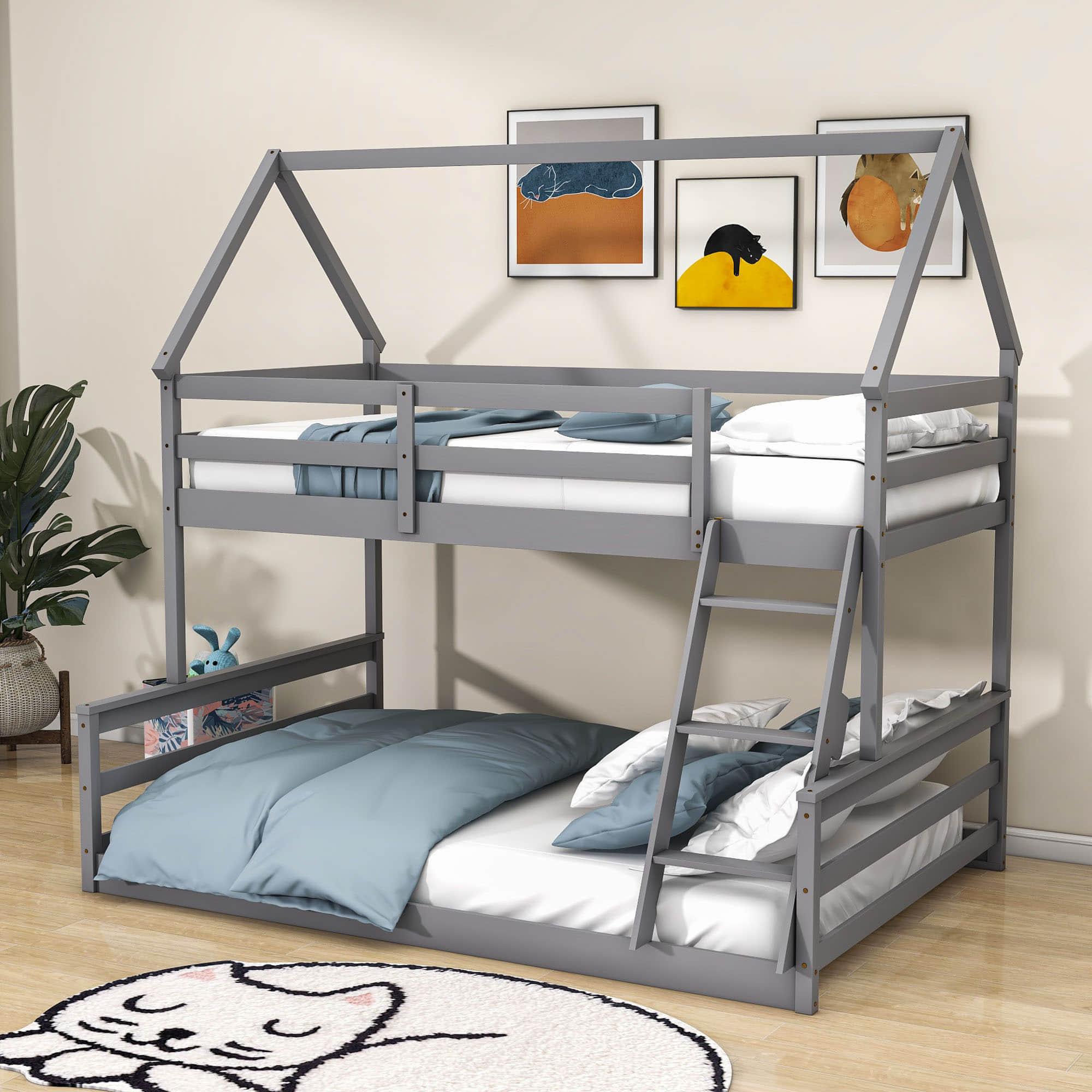 Montessori Low Twin Over Full House Bunk Beds for Kids Toddler - [Wooden, Convertible]