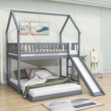 Modern Low Twin Over Full House Bunk Beds with Slide for Kids - [Wooden, Floor, L-Shaped]