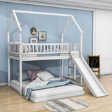 Modern Low Twin Over Full House Bunk Beds with Slide for Kids - [Wooden, Floor, L-Shaped]