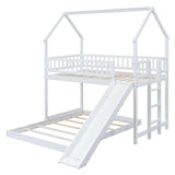 Modern Low Twin Over Full House Bunk Beds with Slide for Kids - [Wooden, Floor, L-Shaped]