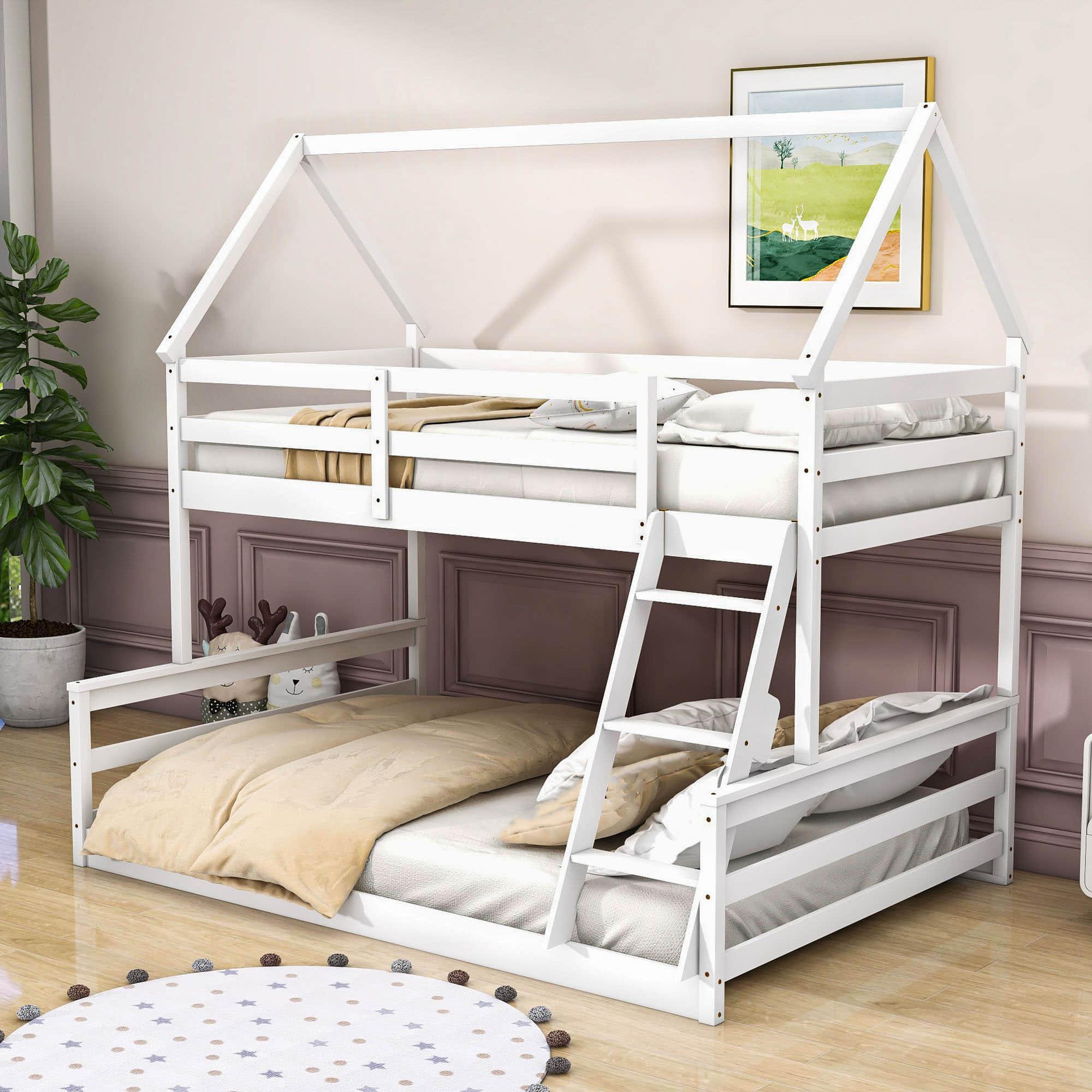 Montessori Low Twin Over Full House Bunk Beds for Kids Toddler - [Wooden, Convertible]