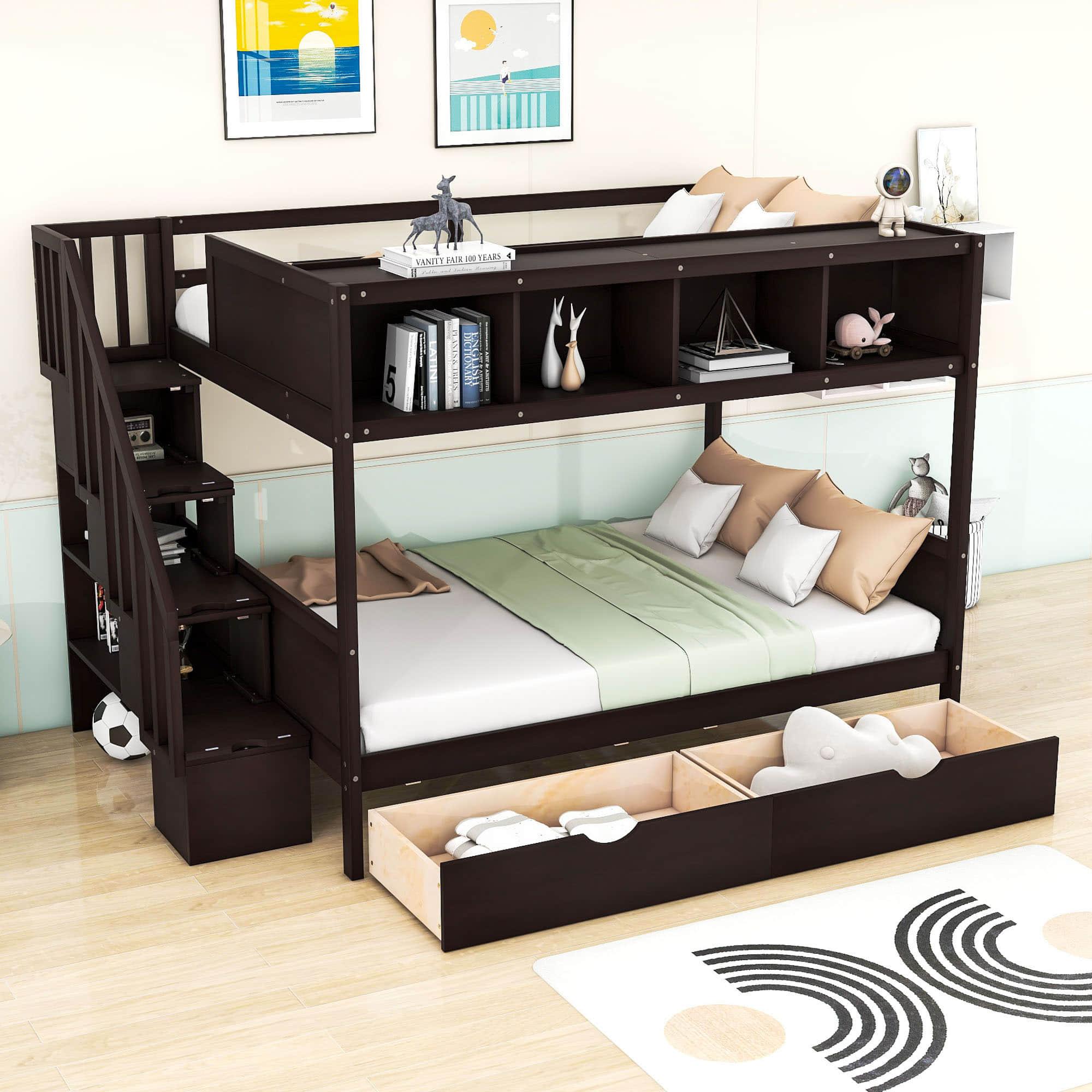 Twin Over Full Bunk Beds with Stairs and Storage for Adults - [Wooden, Drawers, Bookcase]