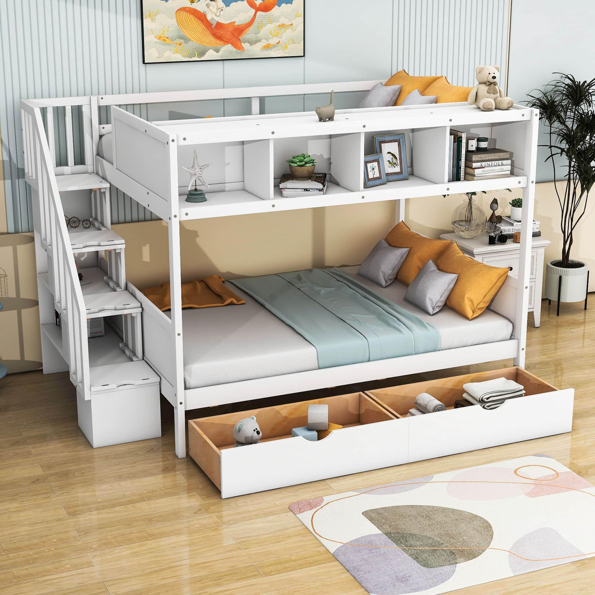 Twin Over Full Bunk Beds with Stairs and Storage for Adults - [Wooden, Drawers, Bookcase]