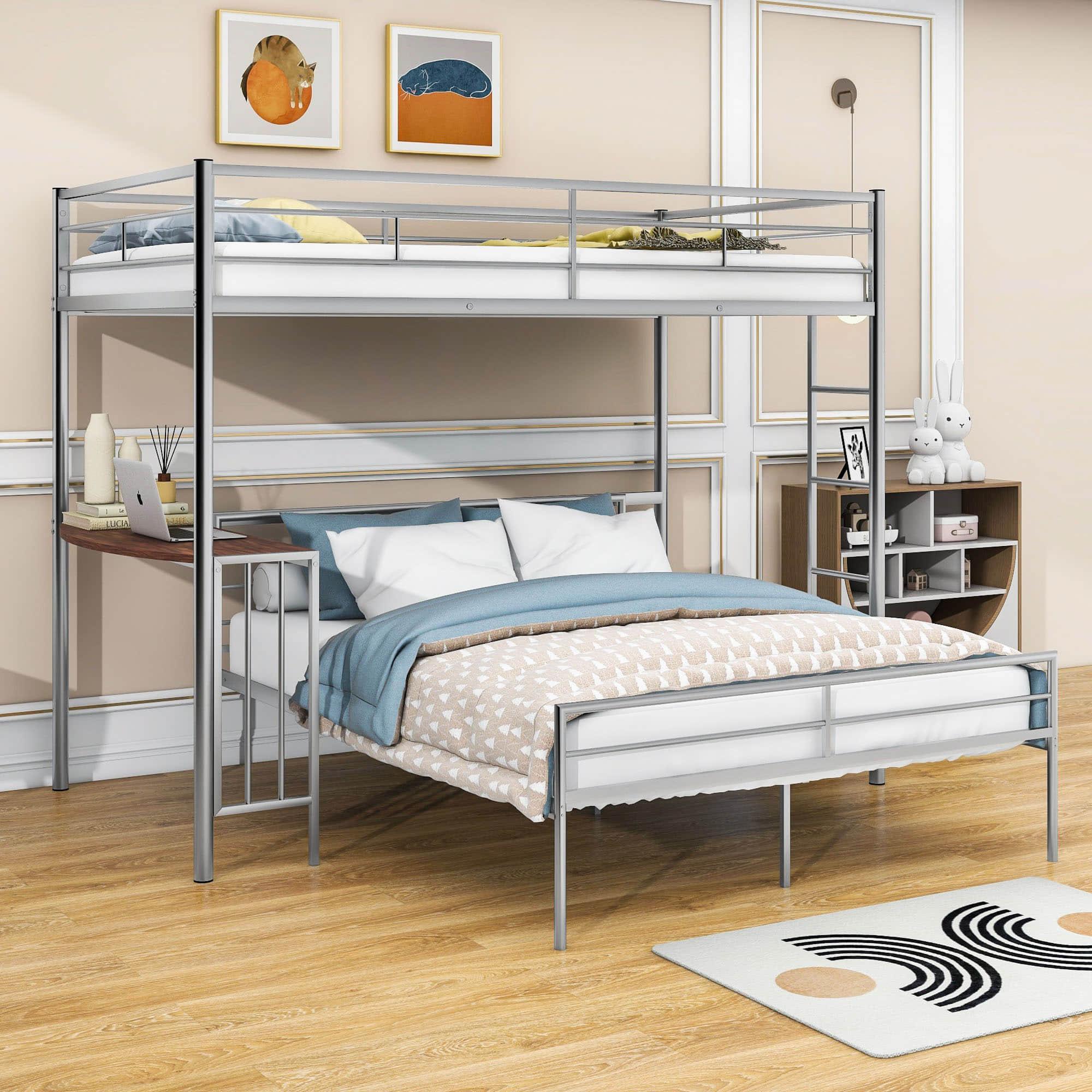 L-Shaped Twin Over Full Bunk Bed with Desk - [Metal, Detachable]