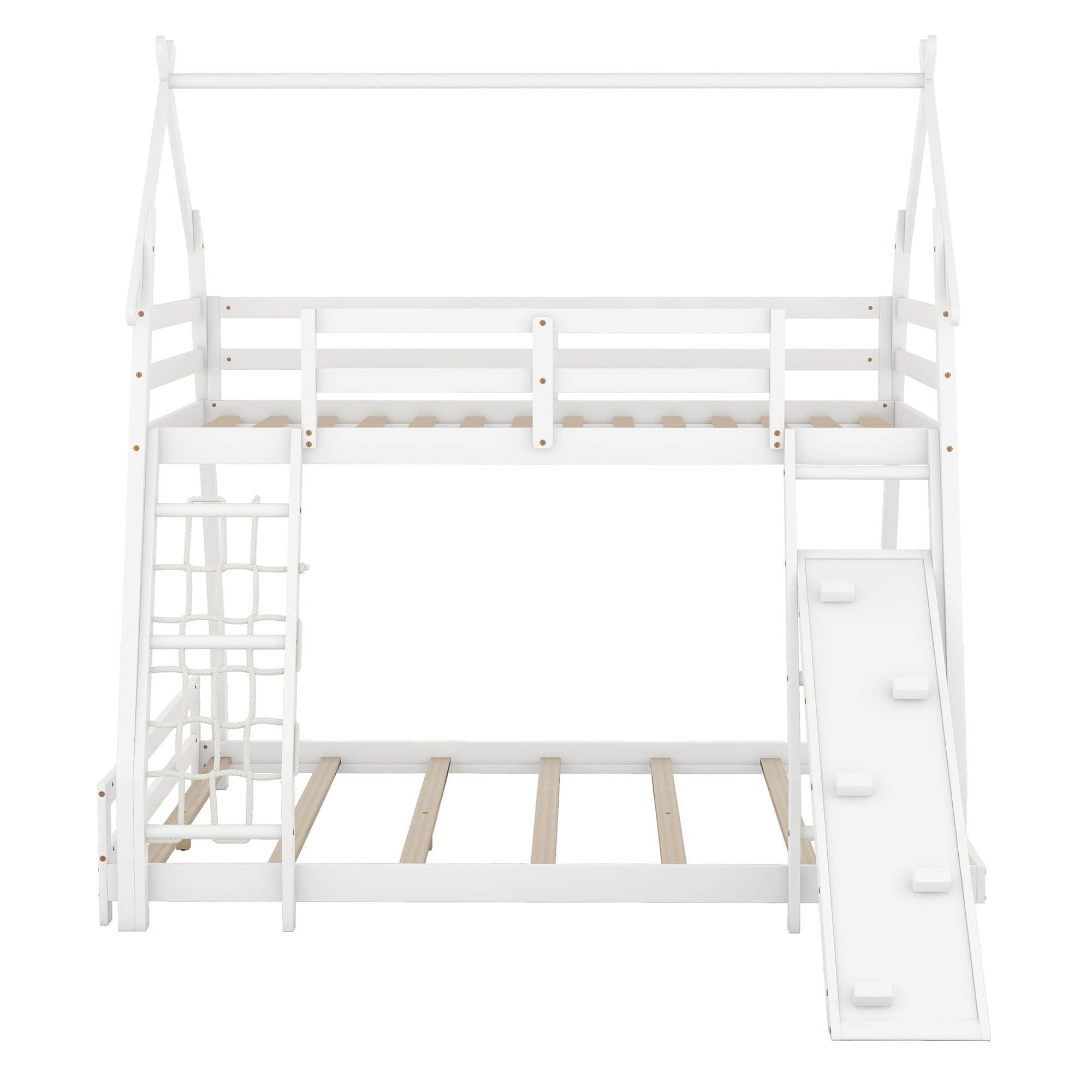 Low Twin Over Queen House Bunk Beds with Climbing Ramp & Nets - [Wooden]