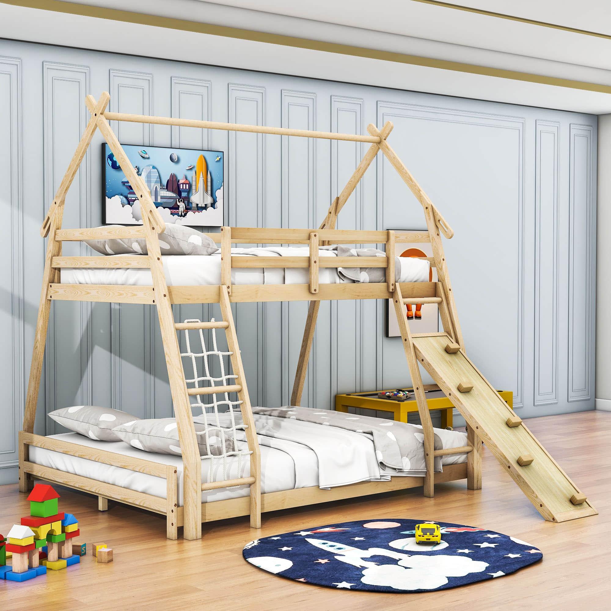 Low Twin Over Queen House Bunk Beds with Climbing Ramp & Nets - [Wooden]