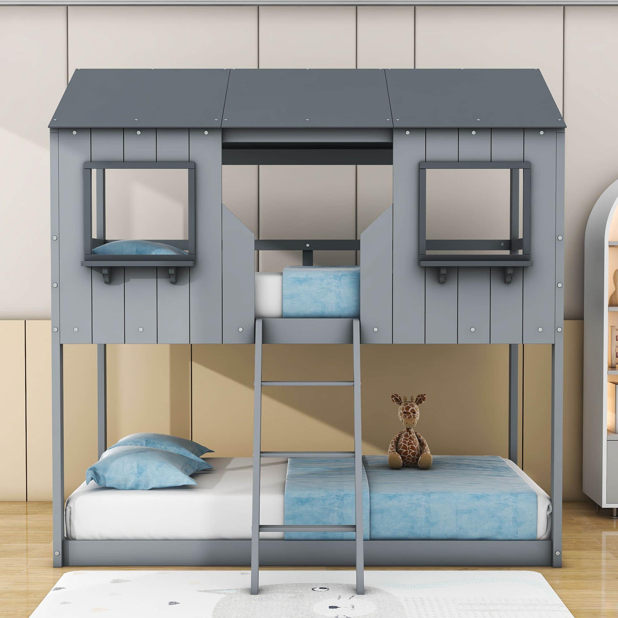 Twin Over Twin House Bunk Beds for Kids Toddler - Wooden, Low, Floor