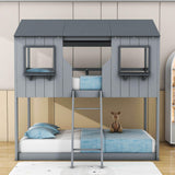 Twin Over Twin House Bunk Beds for Kids Toddler - Wooden, Low, Floor