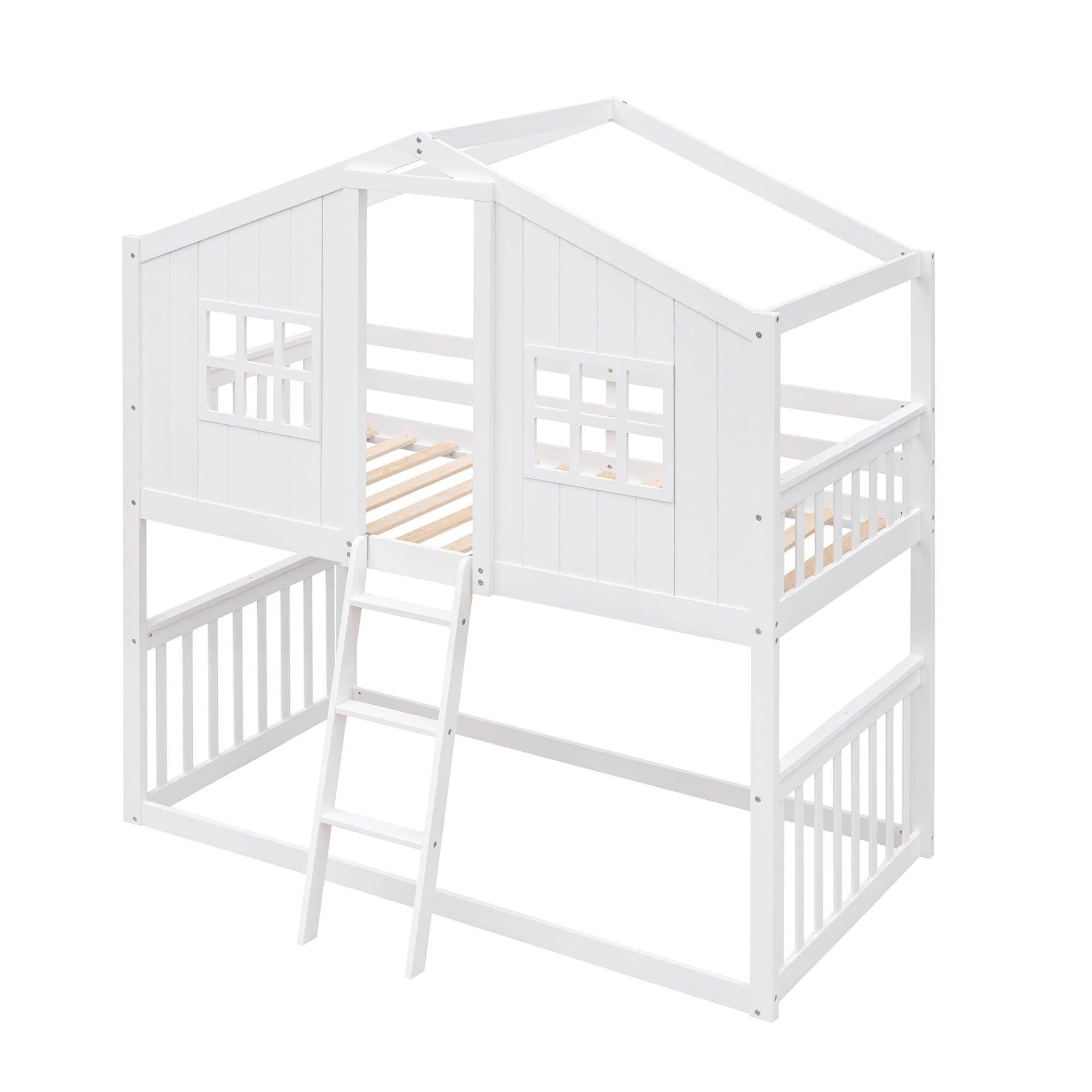 Low Twin Over Twin House Bunk Beds for Kids Toddler - [Wooden, Floor]