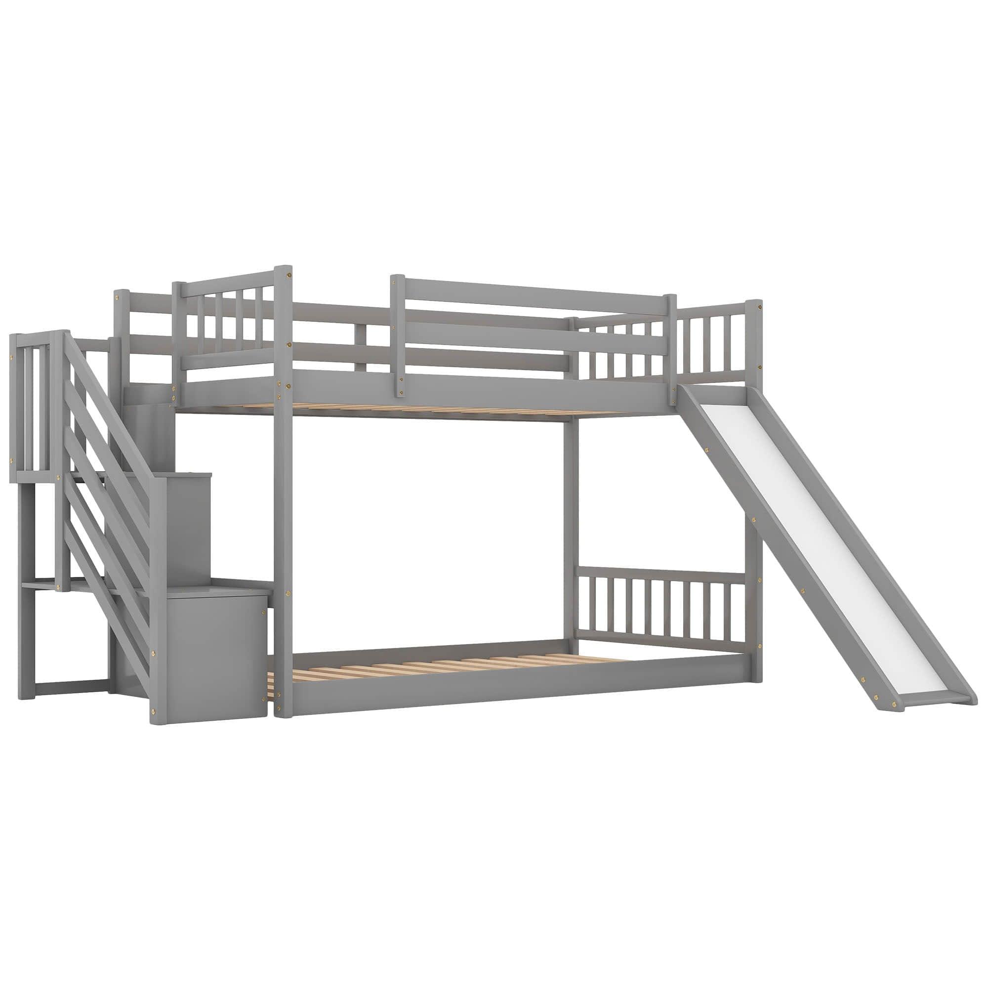 Low Twin Over Twin Toddler Bunk Beds with Stairs and Slide - [Floor]