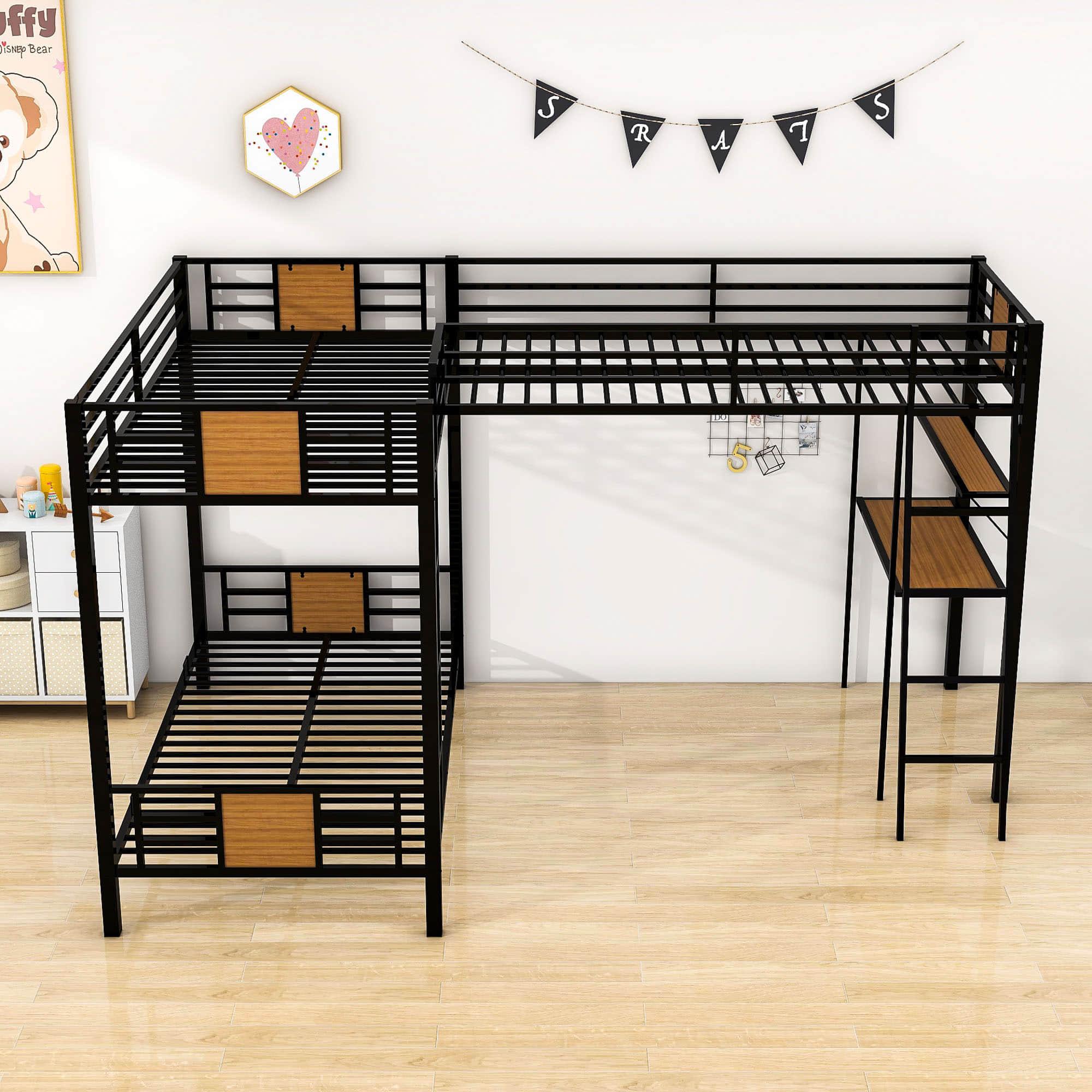 Twin Over Twin Loft Triple Bunk Beds with Desk and Storage for Kids - Metal