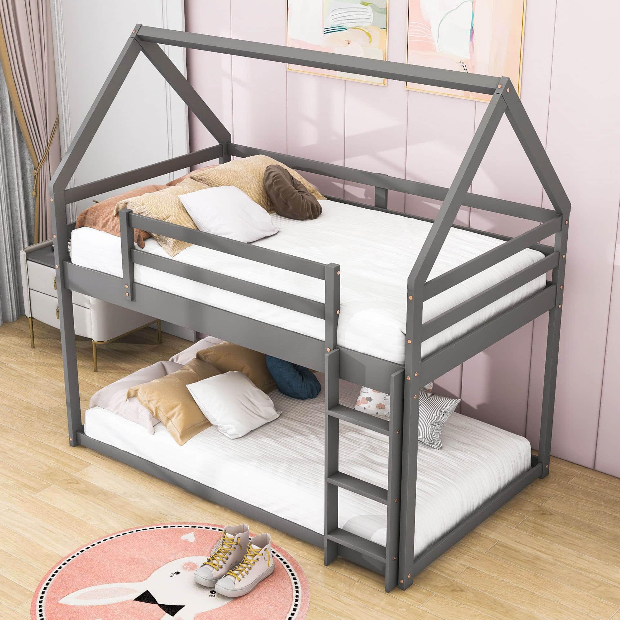 Montessori Wood House Twin over Twin Loft Bunk Bed for Kids, Toddler - [Low]