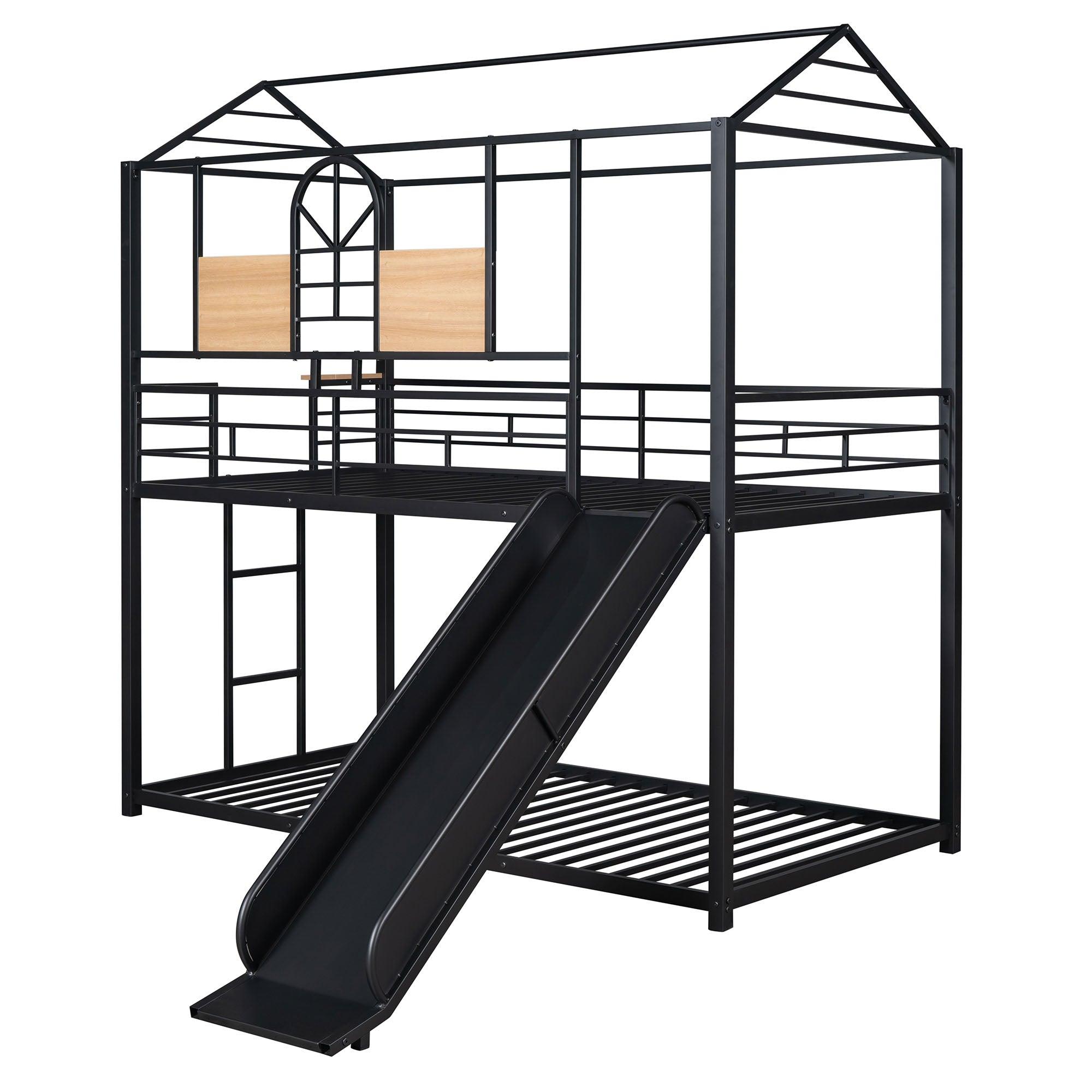 Low House Twin Over Twin Bunk Beds with Slide for Kids Toddler - [Metal]