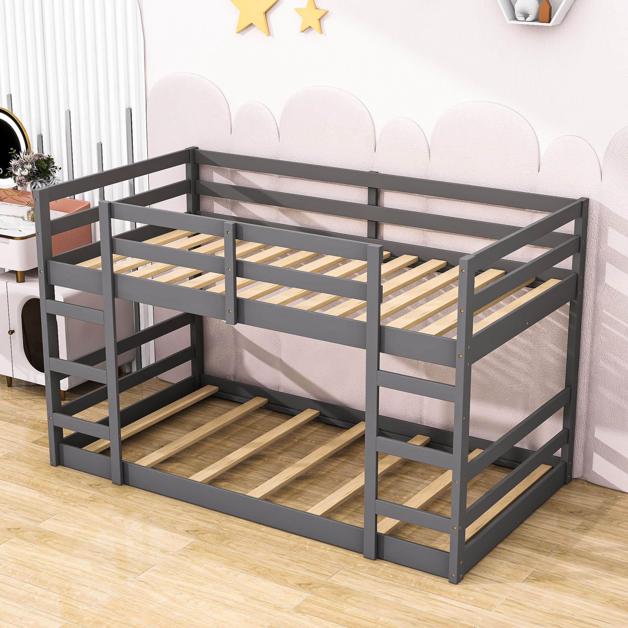 Montessori Low Twin Over Twin Bunk Beds for Kids Toddler - Wooden