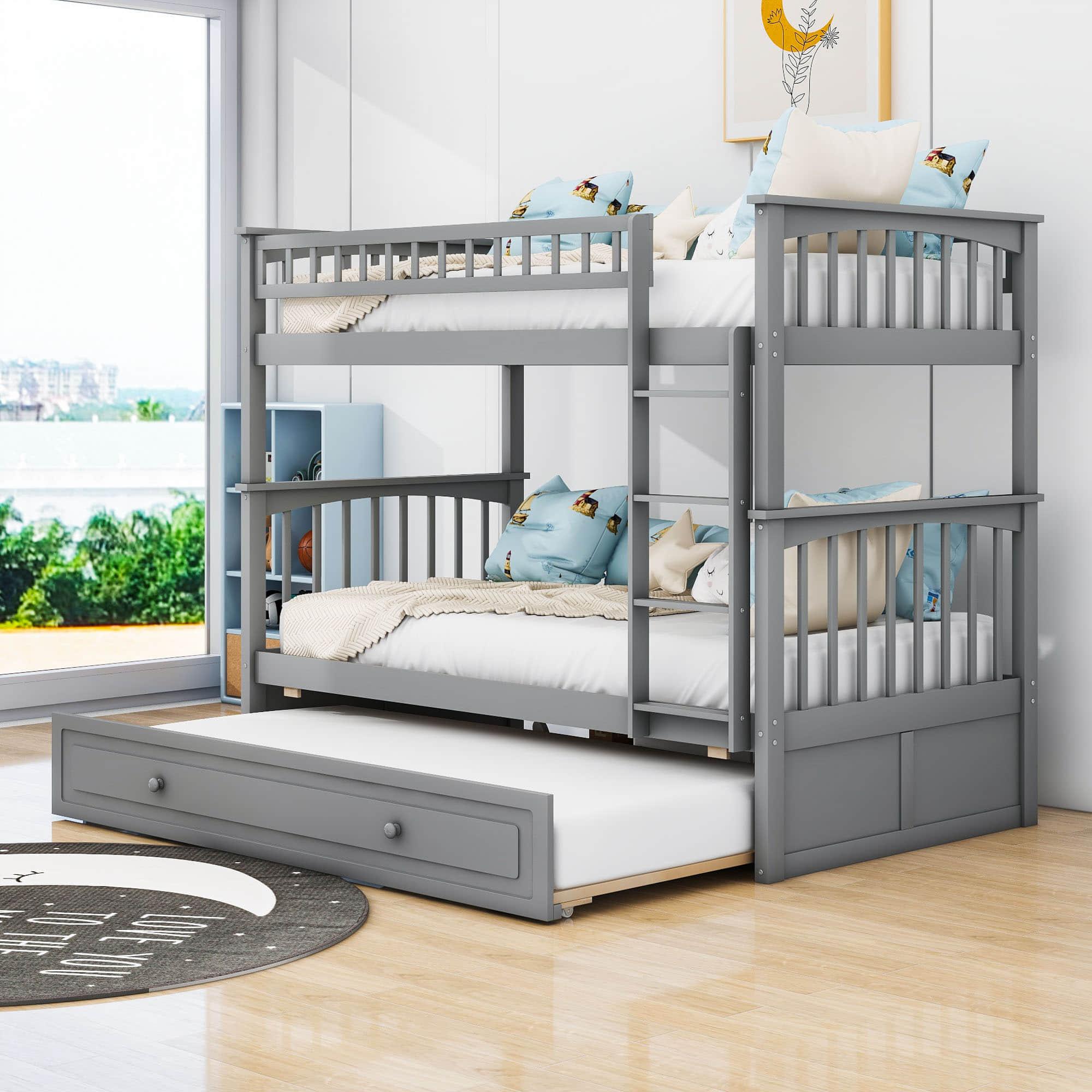 Twin Over Twin Convertible Bunk Bed with Twin Trundle - [Wooden]