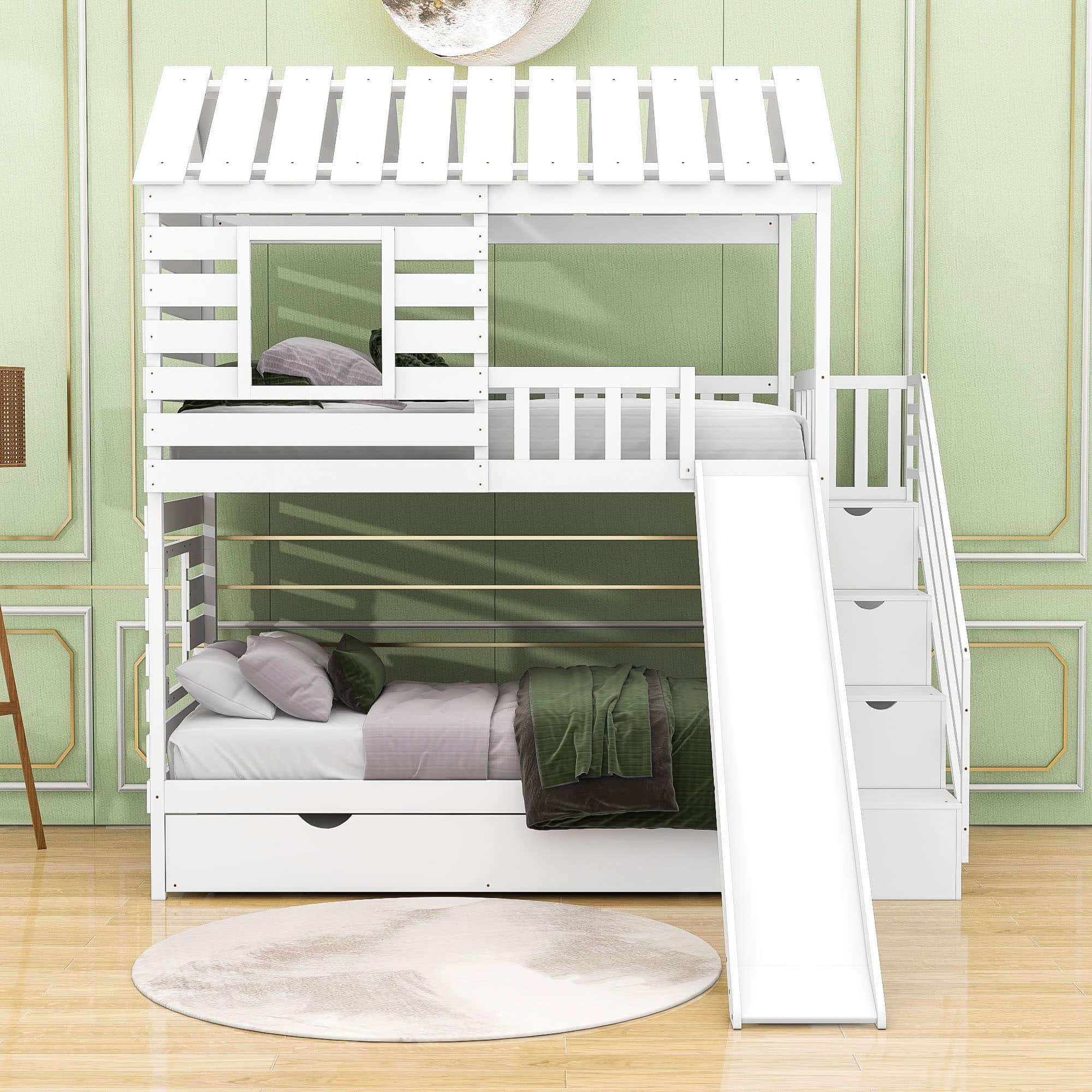 Twin Over Twin House Bunk Beds with Slide and Stairs, Trundle for Kids - [Wooden]