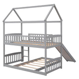 Wooden House Twin Over Twin Low Bunk Beds with Slide - [Floor, L-Shaped]