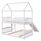 Wooden House Twin Over Twin Low Bunk Beds with Slide - [Floor, L-Shaped]