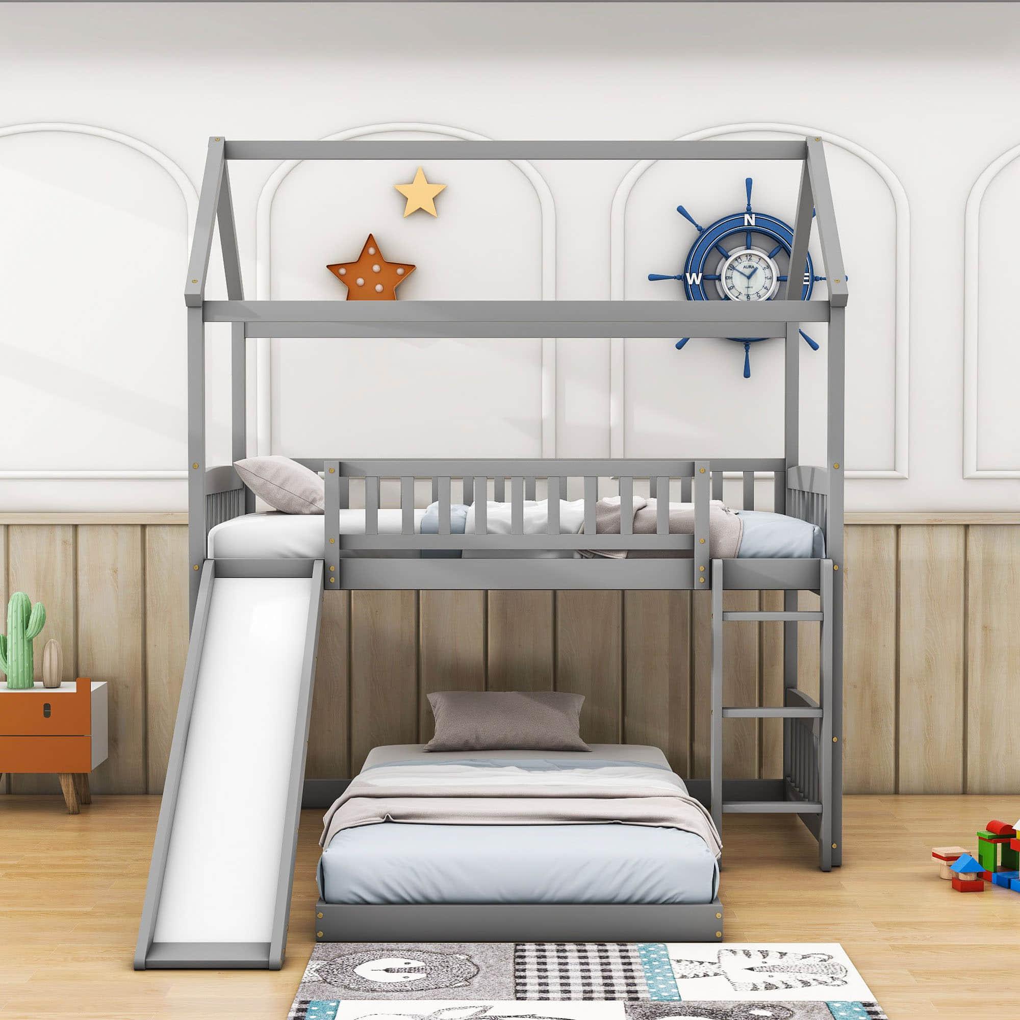 Wooden House Twin Over Twin Low Bunk Beds with Slide - [Floor, L-Shaped]