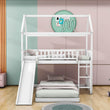 Wooden House Twin Over Twin Low Bunk Beds with Slide - [Floor, L-Shaped]