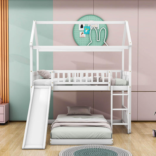 Wooden House Twin Over Twin Low Bunk Beds with Slide - [Floor, L-Shaped]