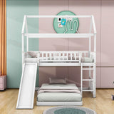 Wooden House Twin Over Twin Low Bunk Beds with Slide - [Floor, L-Shaped]