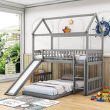 Wooden House Twin Over Twin Low Bunk Beds with Slide - [Floor, L-Shaped]