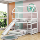 Wooden House Twin Over Twin Low Bunk Beds with Slide - [Floor, L-Shaped]