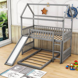 Wooden House Twin Over Twin Low Bunk Beds with Slide - [Floor, L-Shaped]