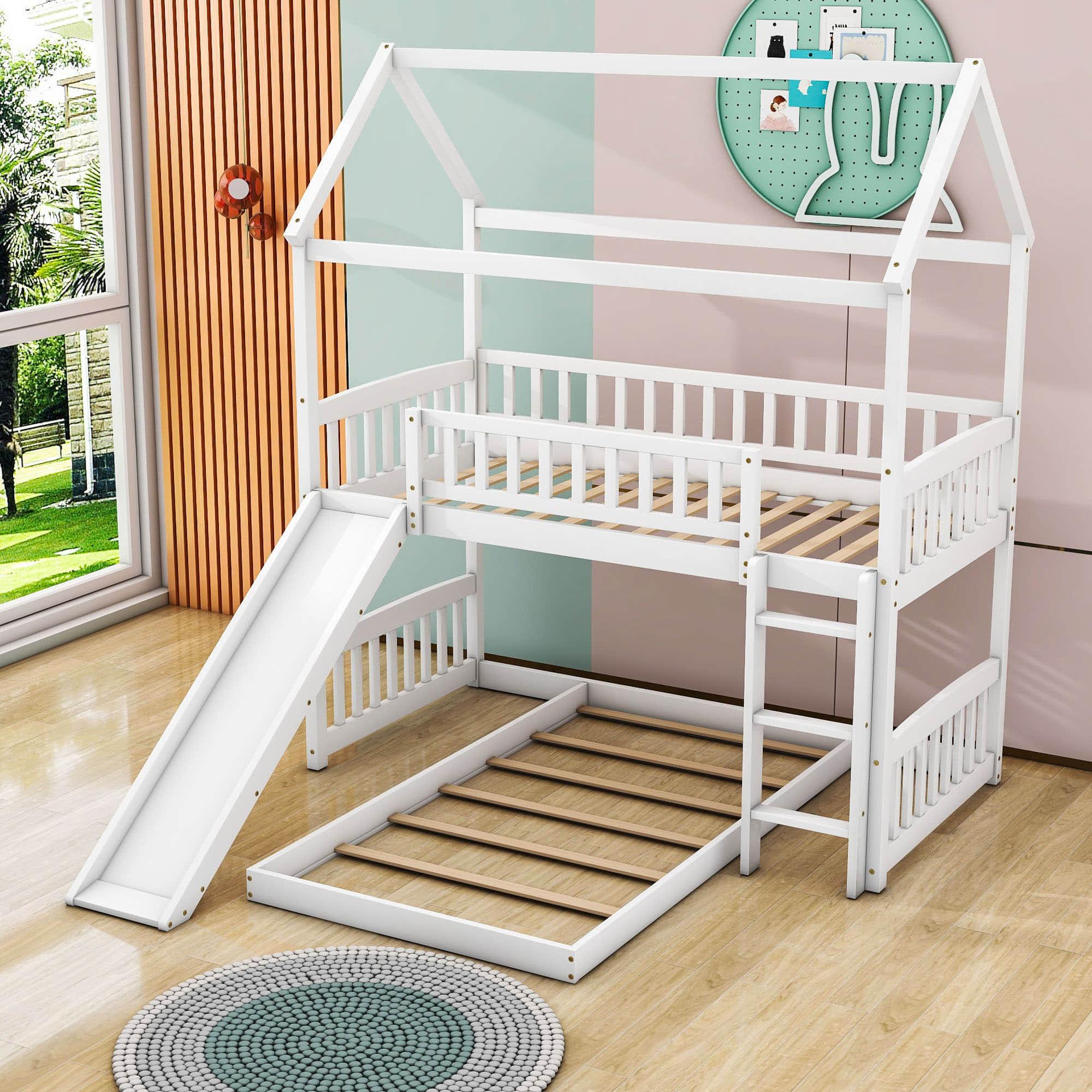 Wooden House Twin Over Twin Low Bunk Beds with Slide - [Floor, L-Shaped]