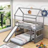 Wooden House Twin Over Twin Low Bunk Beds with Slide - [Floor, L-Shaped]