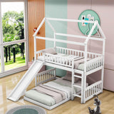 Wooden House Twin Over Twin Low Bunk Beds with Slide - [Floor, L-Shaped]