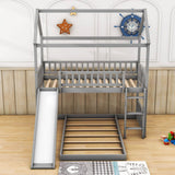 Wooden House Twin Over Twin Low Bunk Beds with Slide - [Floor, L-Shaped]