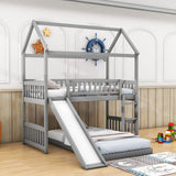 Wooden House Twin Over Twin Low Bunk Beds with Slide - [Floor, L-Shaped]