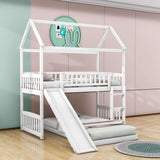 Wooden House Twin Over Twin Low Bunk Beds with Slide - [Floor, L-Shaped]