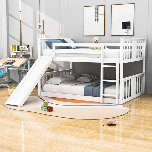 Montessori Twin Over Twin Fun Floor Bunk Bed with Slide - [Wood, Ladder, Low]