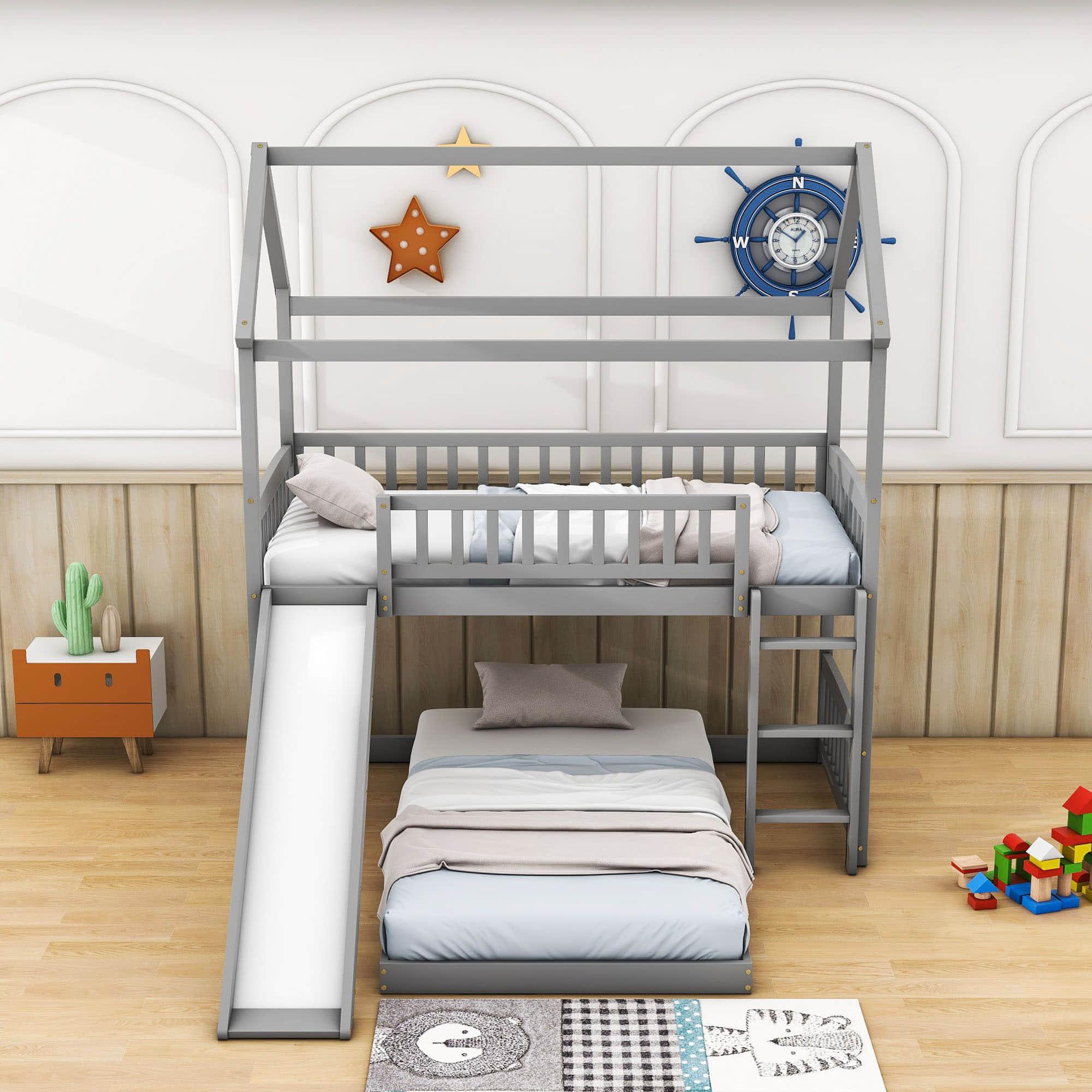 Wooden House Twin Over Twin Low Bunk Beds with Slide - [Floor, L-Shaped]