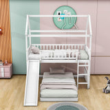 Wooden House Twin Over Twin Low Bunk Beds with Slide - [Floor, L-Shaped]