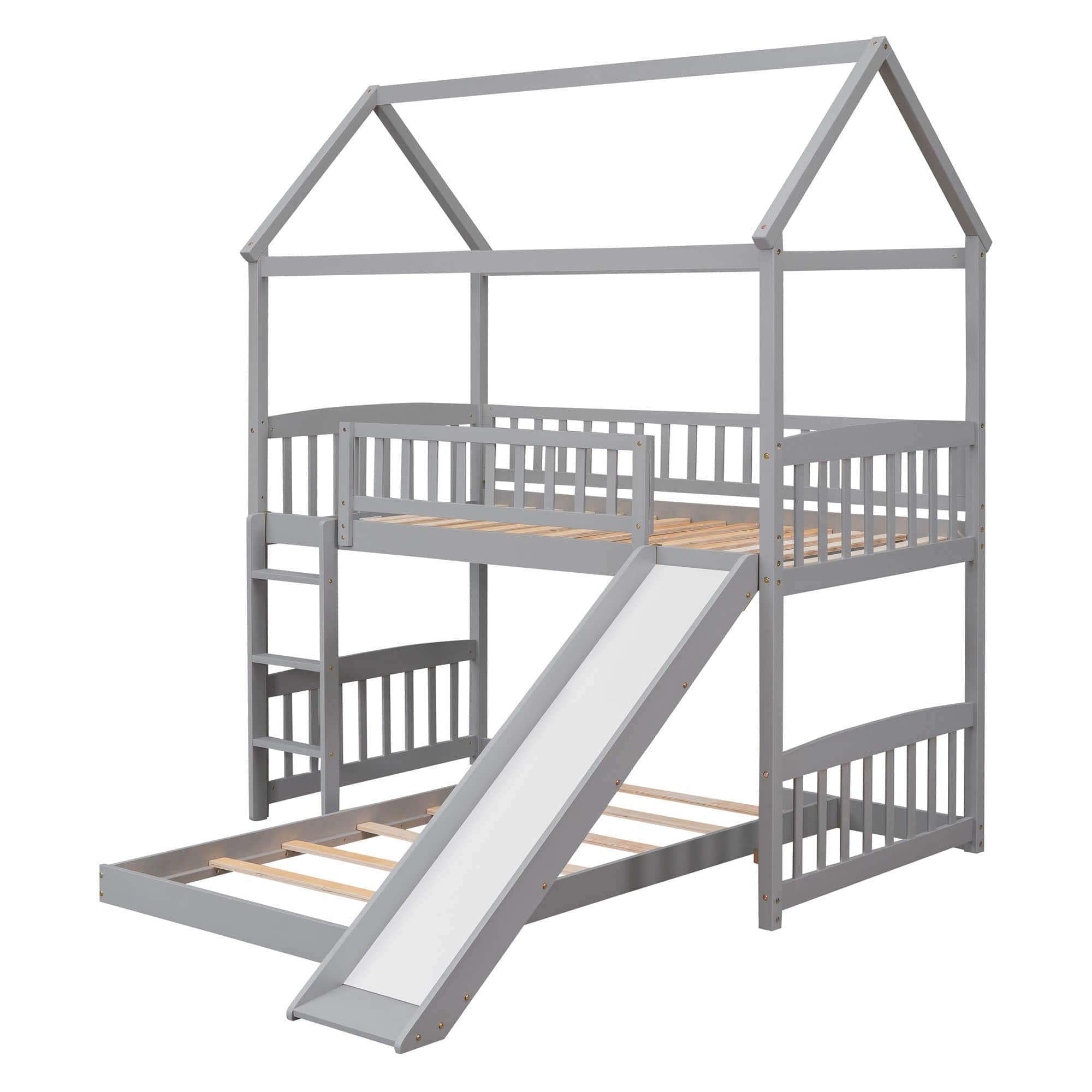 Wooden House Twin Over Twin Low Bunk Beds with Slide - [Floor, L-Shaped]