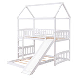 Wooden House Twin Over Twin Low Bunk Beds with Slide - [Floor, L-Shaped]